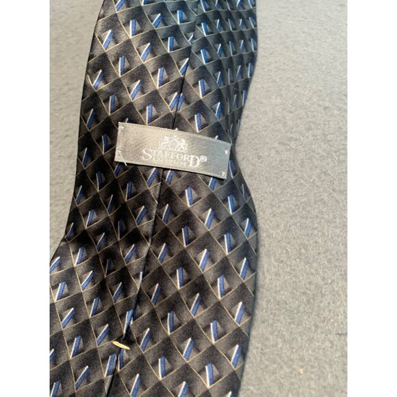 Stafford Mens Tie Geometric Pattern 100 Silk Black Blue Necktie - Picture 3 of 5